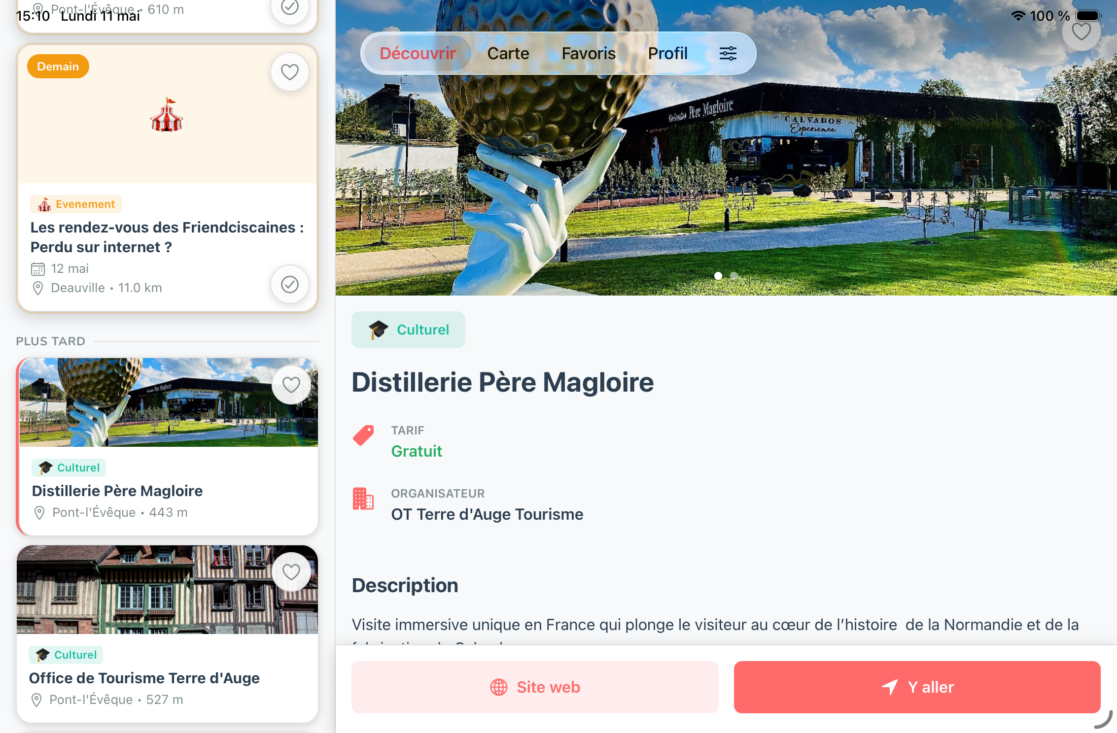 QuoiFaire — écran carte sur iPad